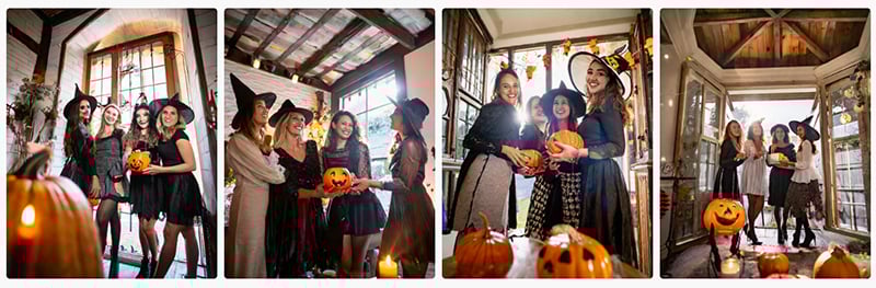 Four female friends at a Halloween party_800px